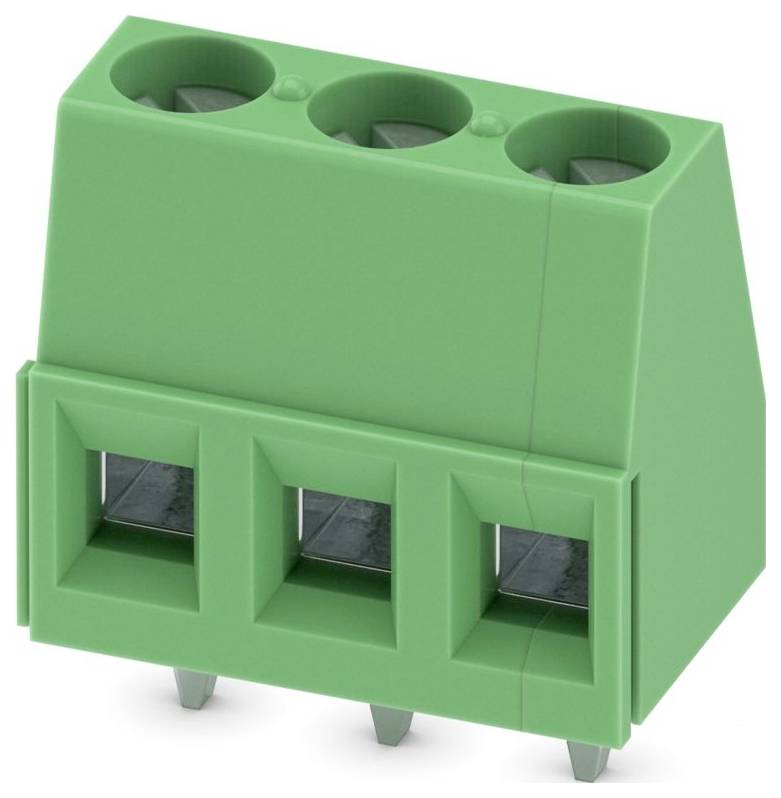 Green terminal block with three connection points, used for securely connecting electrical wires in electronic devices.