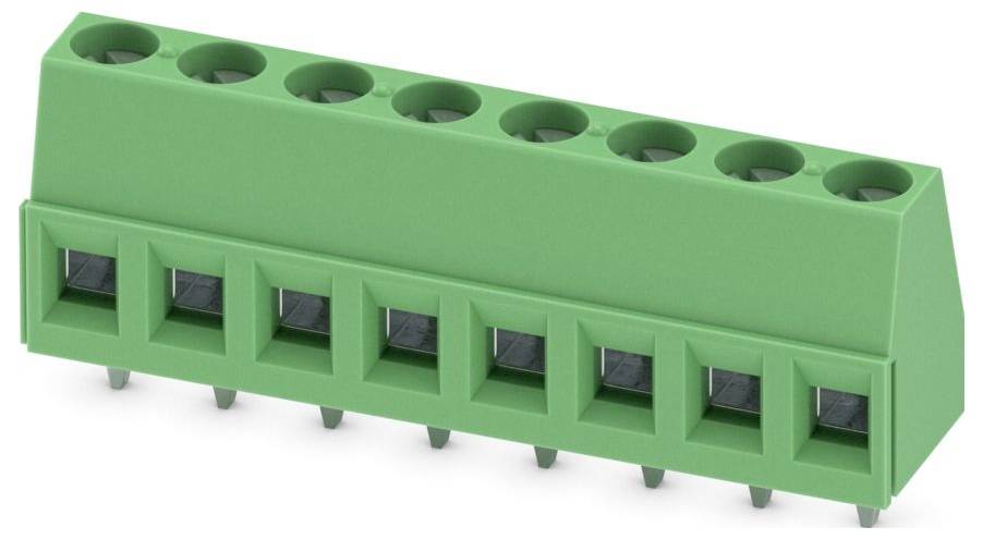 A green terminal block with eight connection points, used for electrical wiring, shown from a slightly elevated angle.