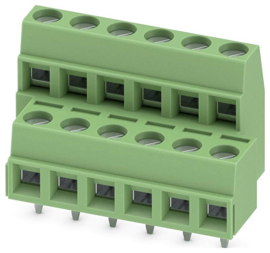 A green terminal block connector with multiple slots and pins, used for electrical connections in electronics and industrial applications.