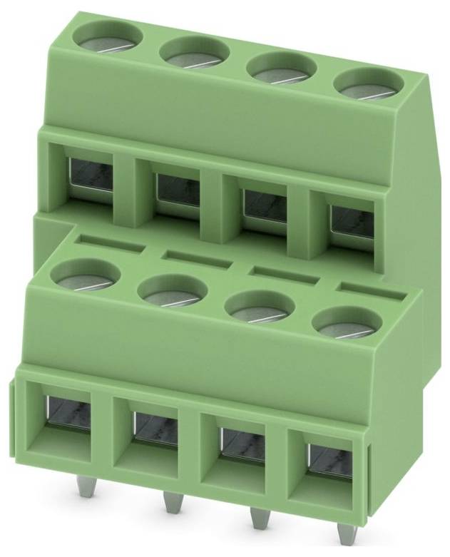 A green, dual-row terminal block connector with six slots, designed for mounting on a printed circuit board, featuring angled screw terminals.