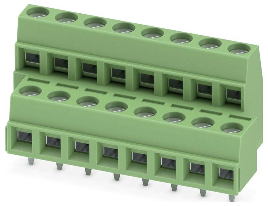 Green terminal block with two rows of screw terminals used for electrical connections.