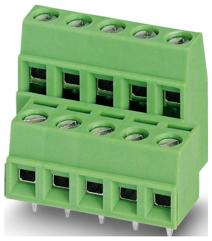 Un connecteur électronique vert avec 16 broches, conçu pour l'intégration sur circuit imprimé, vu sous un angle montrant sa forme rectangulaire.