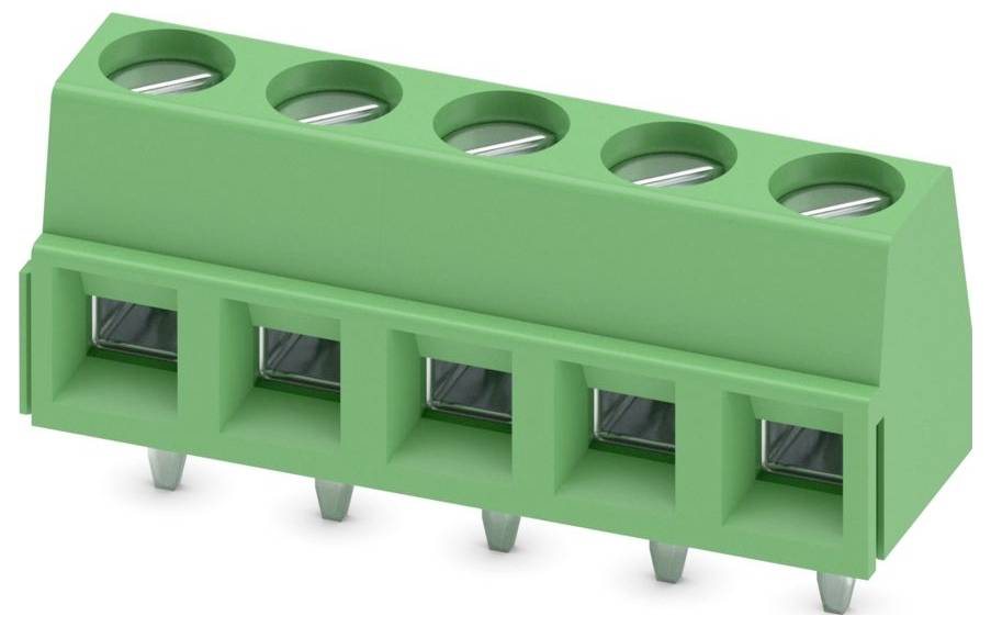 Un bloc de bornes vert à cinq broches avec des fentes verticales, utilisé pour connecter les câbles électriques sur une carte de circuit.