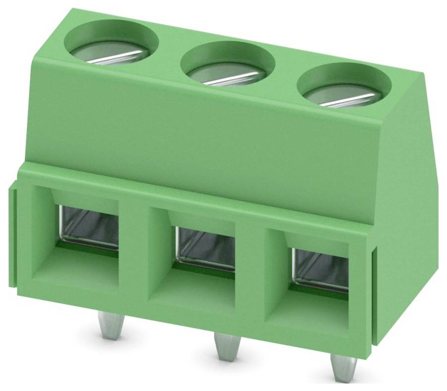 Un bloc de bornes vert avec trois points de connexion et des broches métalliques pour les applications de câblage électrique.