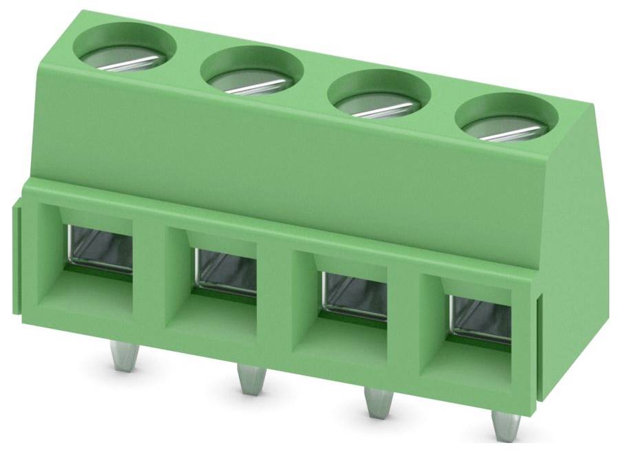 A green four-port electronic terminal block connector with metal pins designed for secure electrical connections in circuit boards.