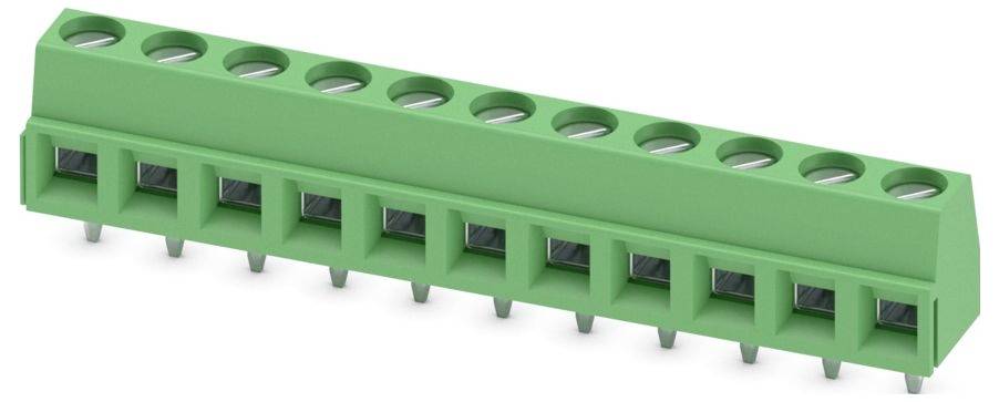 Un connecteur bloc de bornes 10 broches vert avec des bornes à vis disposées en ligne pour les connexions électriques.