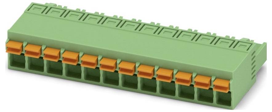 A green electrical connector block with multiple orange slots for wire connections.