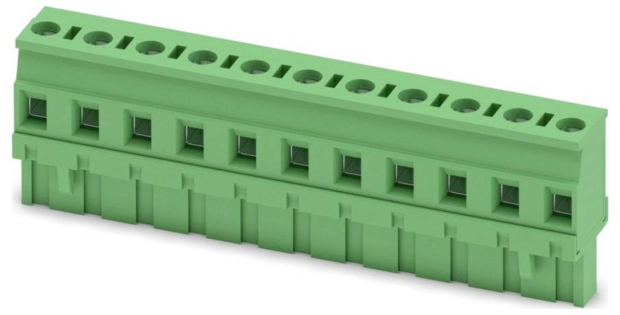 A green terminal block with multiple connectors used for electrical wiring in circuits.