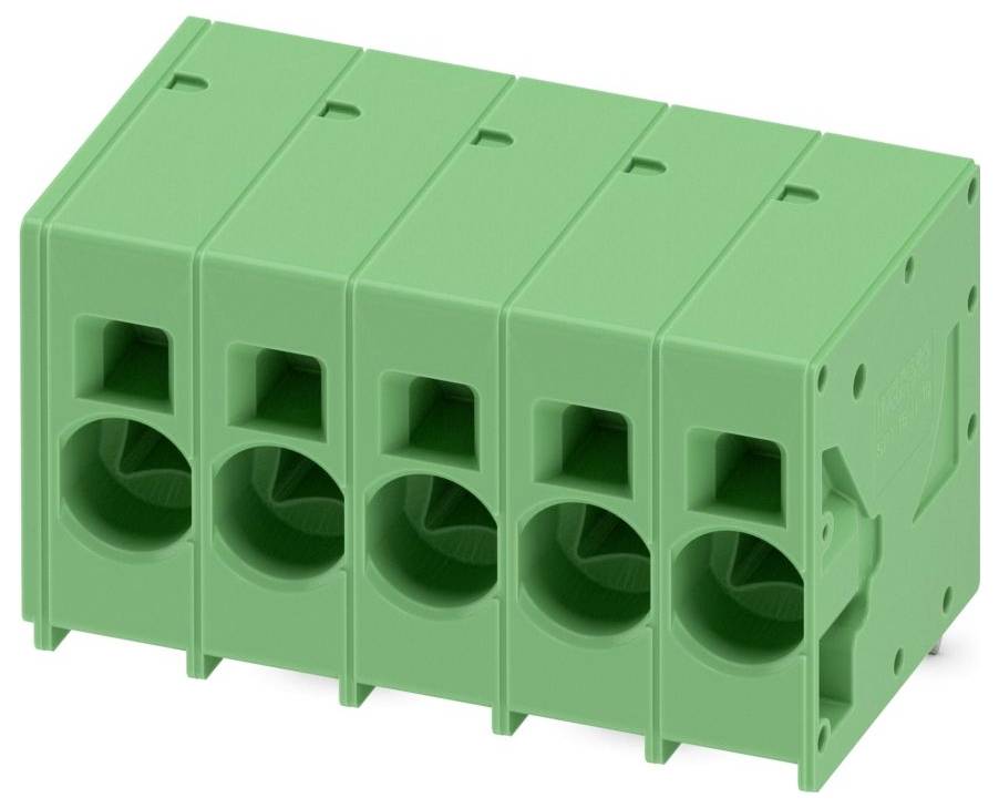 A green, five-position terminal block with cylindrical openings for electrical wire connections, used in electrical or electronic applications.