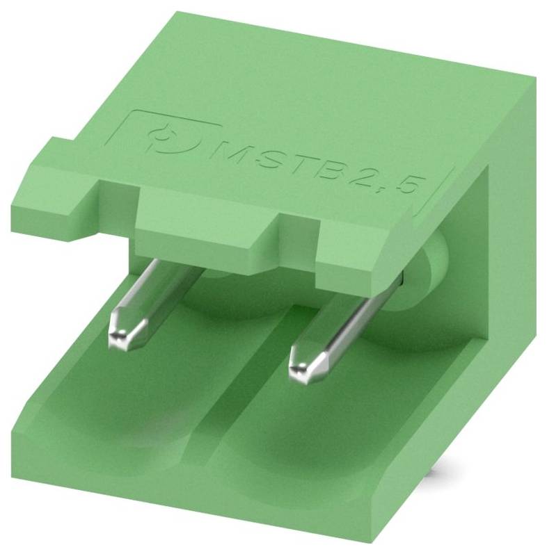Un bloc de bornes électriques vert avec des broches métalliques en angle, étiqueté « MSTB 2.5 », utilisé pour connecter les fils électriques de manière sécurisée.