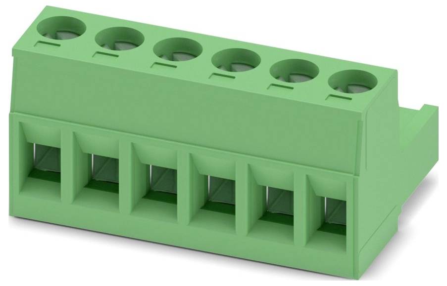 A green six-port terminal block connector used for securing electrical connections.