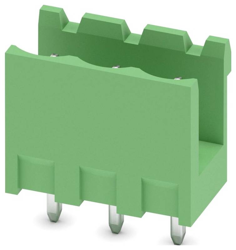 Un connecteur électrique rectangulaire vert à trois broches avec un sommet cannelé et des contacts métalliques qui dépassent du bas.
