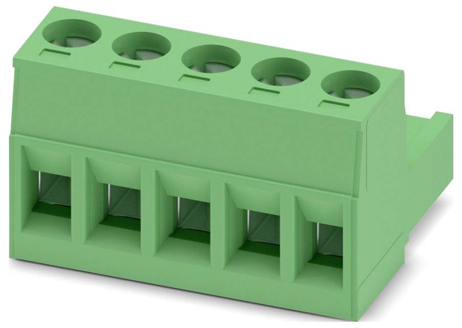 A green connector block with five circular input ports on top, used for electrical wiring connections.