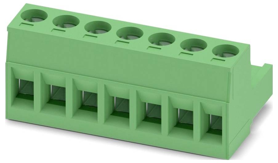 Un bloc de bornes vert avec huit fentes d'entrée pour les connexions de câblage. Convient aux projets électriques ou électroniques.