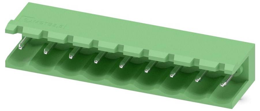 A green pin header connector with ten pins, angled design for electronic circuit boards, seen in a side view.