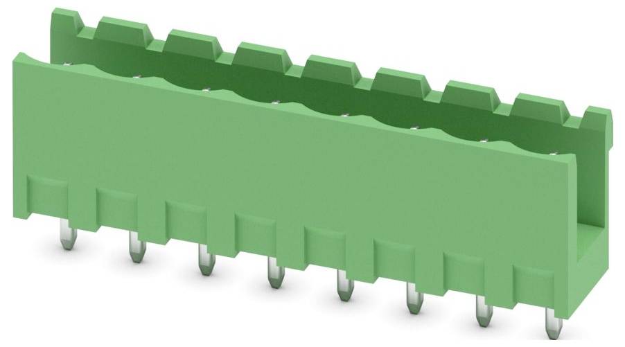 Un bloc de bornes électriques vert avec plusieurs bornes à vis alignées en rangée, utilisé pour connecter les fils électriques de manière sécurisée.