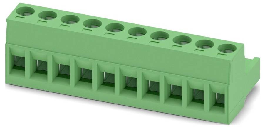 Un bloc connecteur électronique vert avec sept broches métalliques disposées en rangée, conçu pour les connexions de câblage sécurisées dans les appareils électroniques.