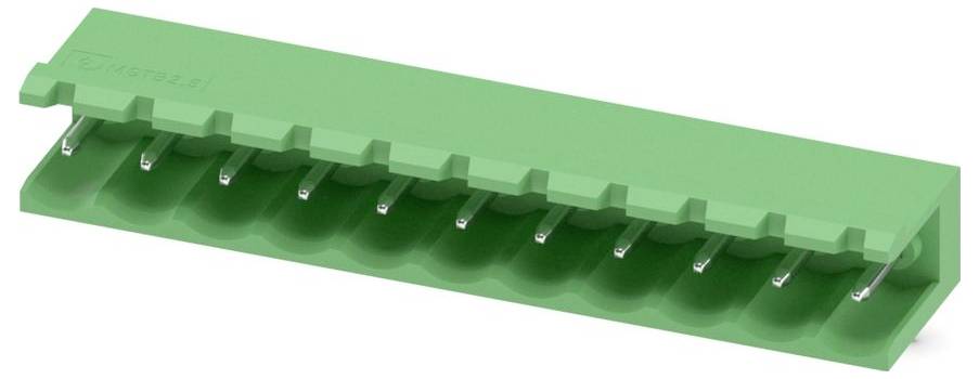 A green electrical connector block with multiple terminals for wiring connections, used in electronic and electrical systems.