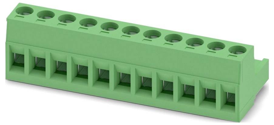 Un connecteur électrique vert avec plusieurs broches conçu pour le montage sur carte de circuit, vu d'une perspective angulée par le haut.