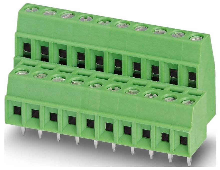 Un bloc de bornes vert avec plusieurs points de connexion, utilisé pour les connexions de fils électriques dans les circuits électroniques.