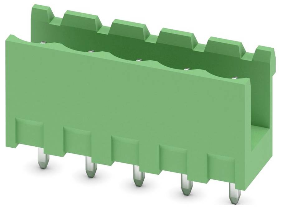 Ein grüner Klemmblock mit mehreren Anschlüssen für elektrische Verbindungen.