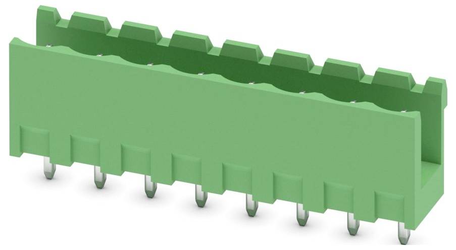 Ein grüner Steckverbinder mit orangefarbenen Hebeln für die elektrische Verkabelung, mit mehreren Löchern für die Drahteinführung.