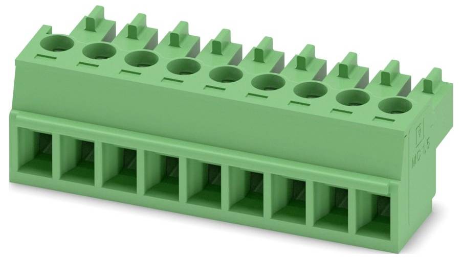 Un bloc de bornes électriques en plastique vert avec trois fentes pour les connexions de fils, dotés de contacts métalliques et de trous de vis pour le montage.