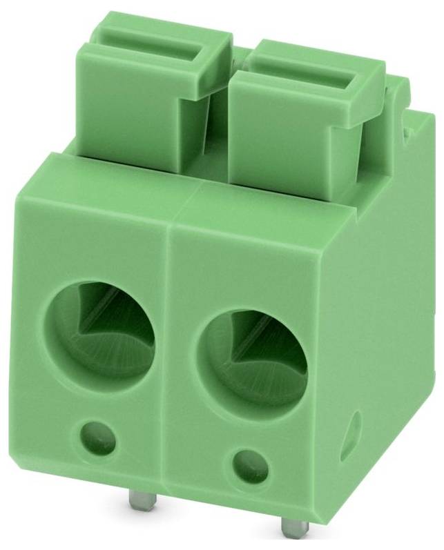 Green two-pin terminal block with screw connectors. Used for electrical wiring connections.