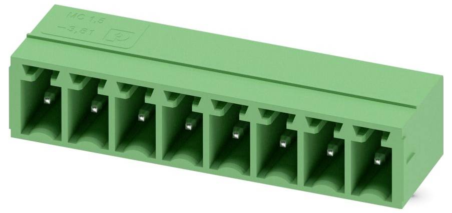 A green pluggable terminal block connector with eight slots for electrical connections.
