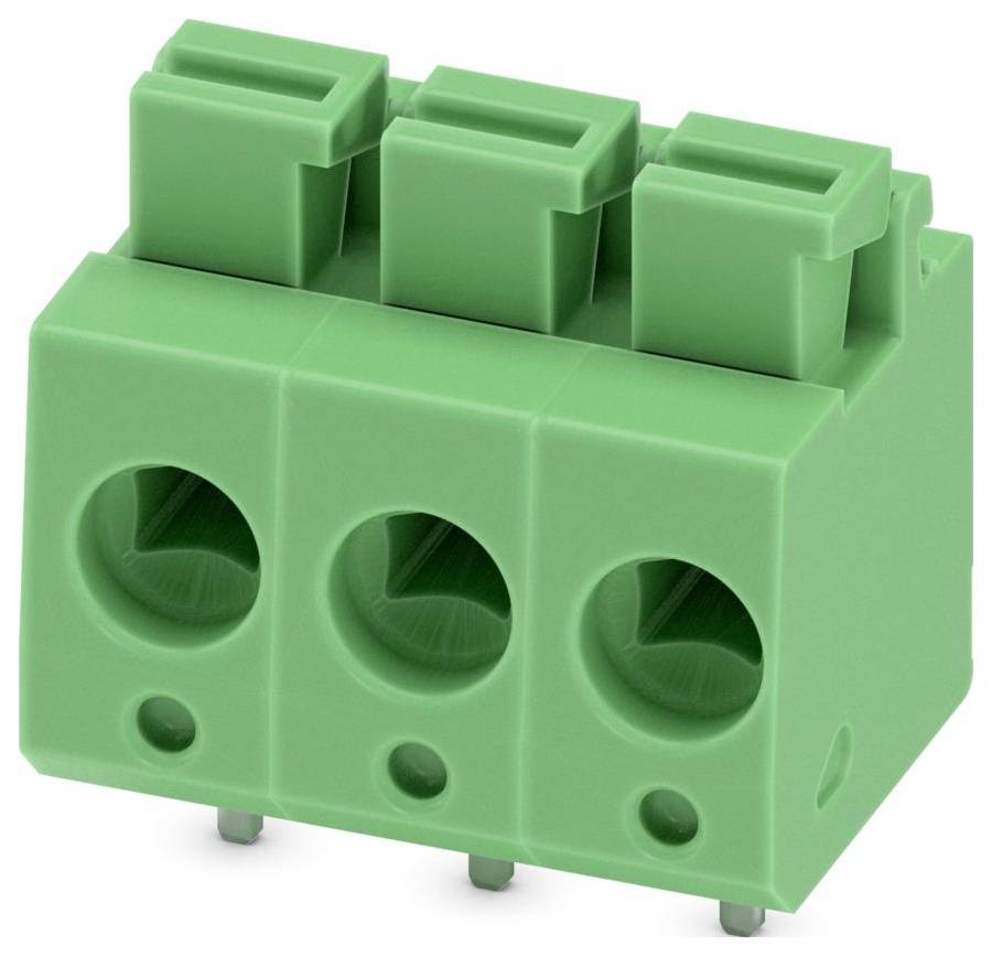 A green three-pole terminal block with screw connectors used for electrical connections, displaying three circular slots and mounting pins.
