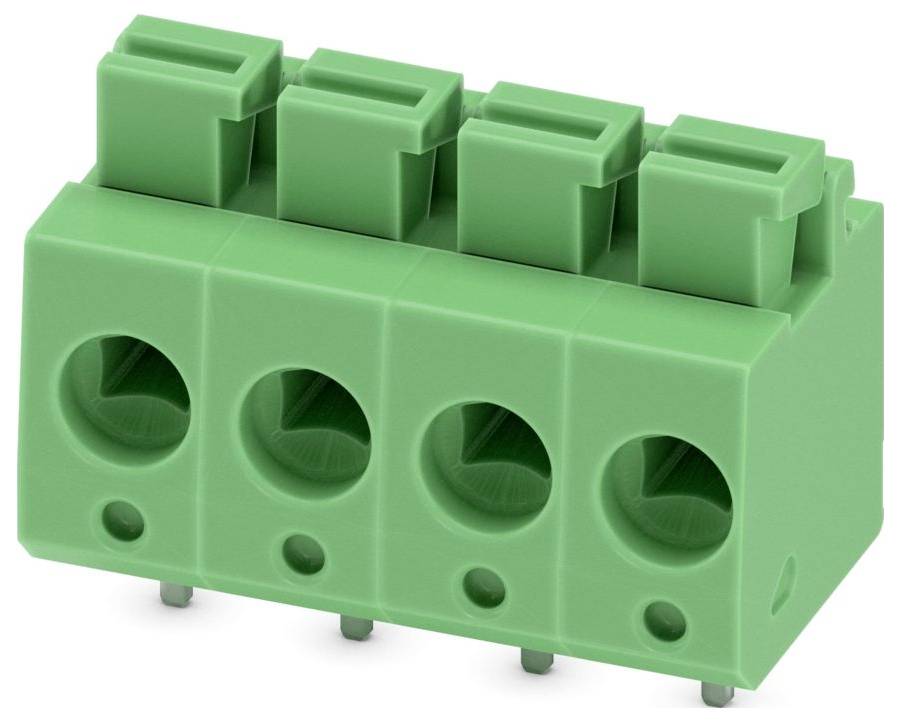 A green, four-pin terminal block connector with screwless wire entry, used for electrical connections on circuit boards.