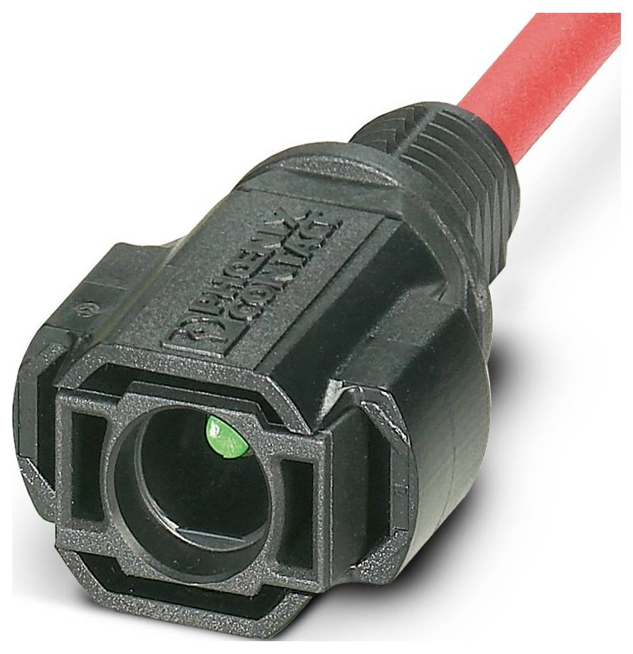 Un connecteur électrique noir et rouge présentant un composant vert à l'intérieur, probablement utilisé pour la transmission de puissance ou de données dans des configurations techniques.