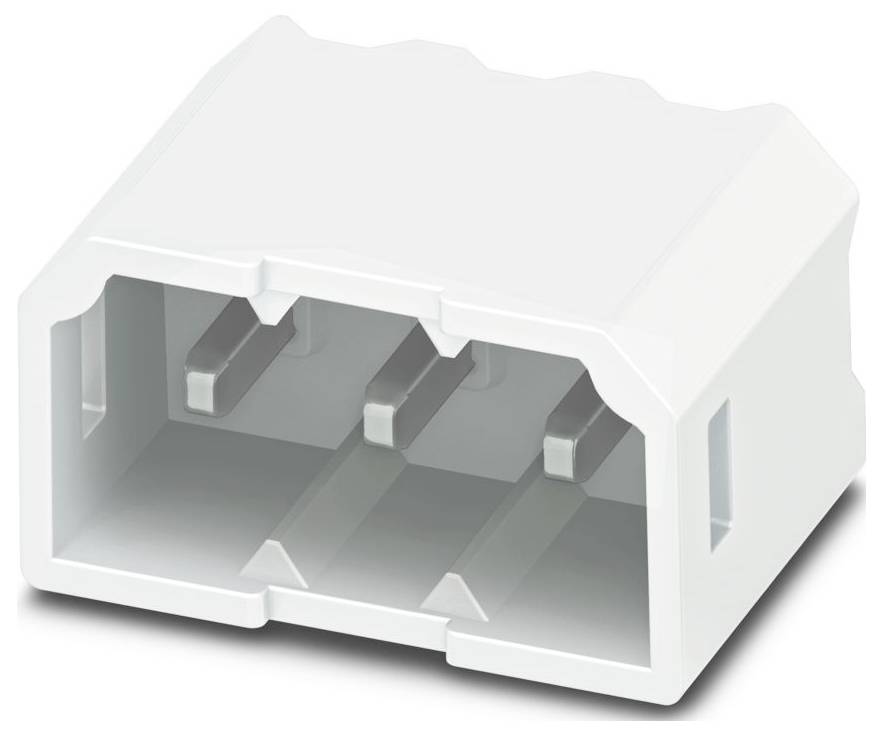 Un connecteur mâle trois positions blanc avec des ouvertures rectangulaires, conçu pour les connexions électriques.