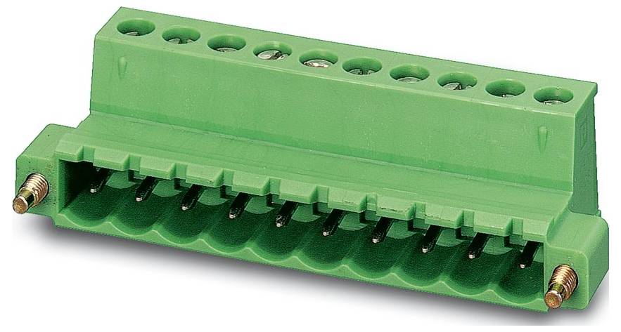Bloc de bornes rectangulaire vert avec 22 emplacements de broches, vue en angle, utilisé pour les connexions électriques.