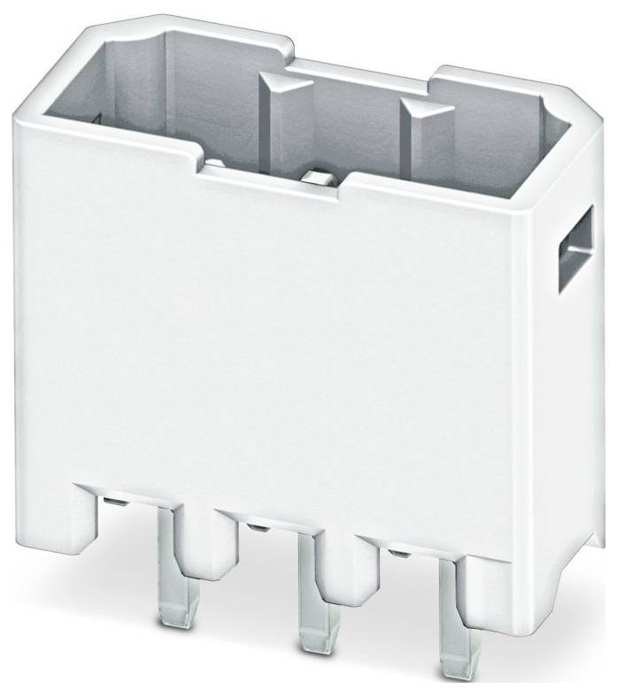Un connecteur électrique blanc et rectangulaire avec trois broches métalliques au bas, probablement destiné aux connexions d'alimentation ou de données.