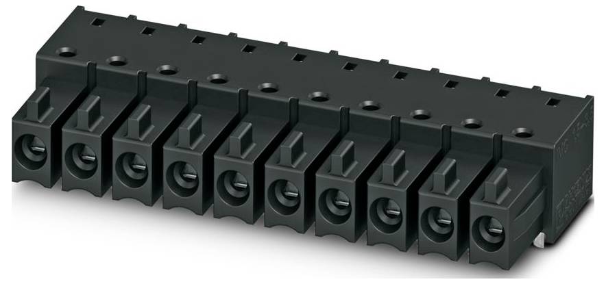 A black terminal block with eight connector slots for electrical wiring, used for organizing and securing wire connections in circuits.