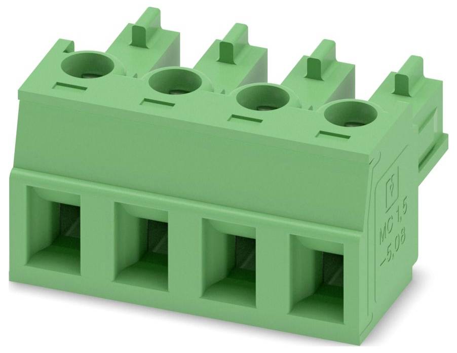 Un bloc de bornes électriques vert avec quatre connexions de fils et un côté étiqueté 'MC-1,5/5,08', vu sous un angle.