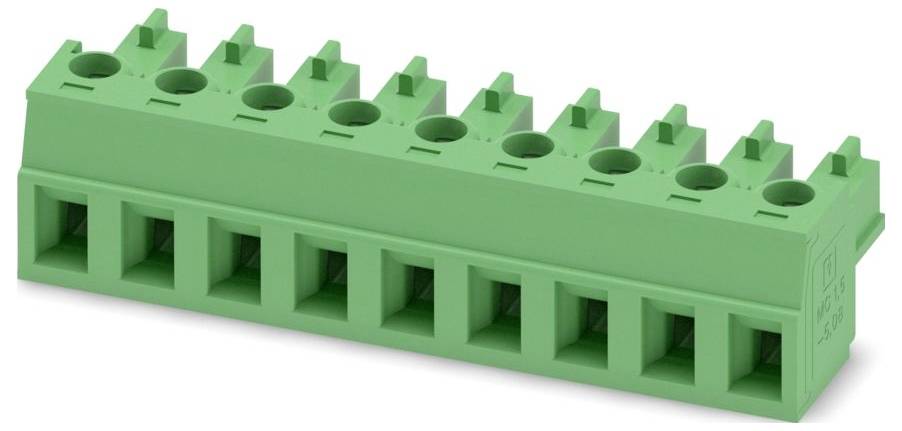 Un bloc connecteur électrique rectangulaire vert avec plusieurs points de terminaison pour le câblage.