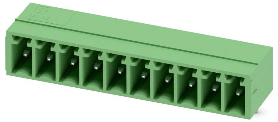 Un bloc de connecteur électrique vert à 10 broches de forme rectangulaire, souvent utilisé pour les connexions de câblage dans les circuits électriques.