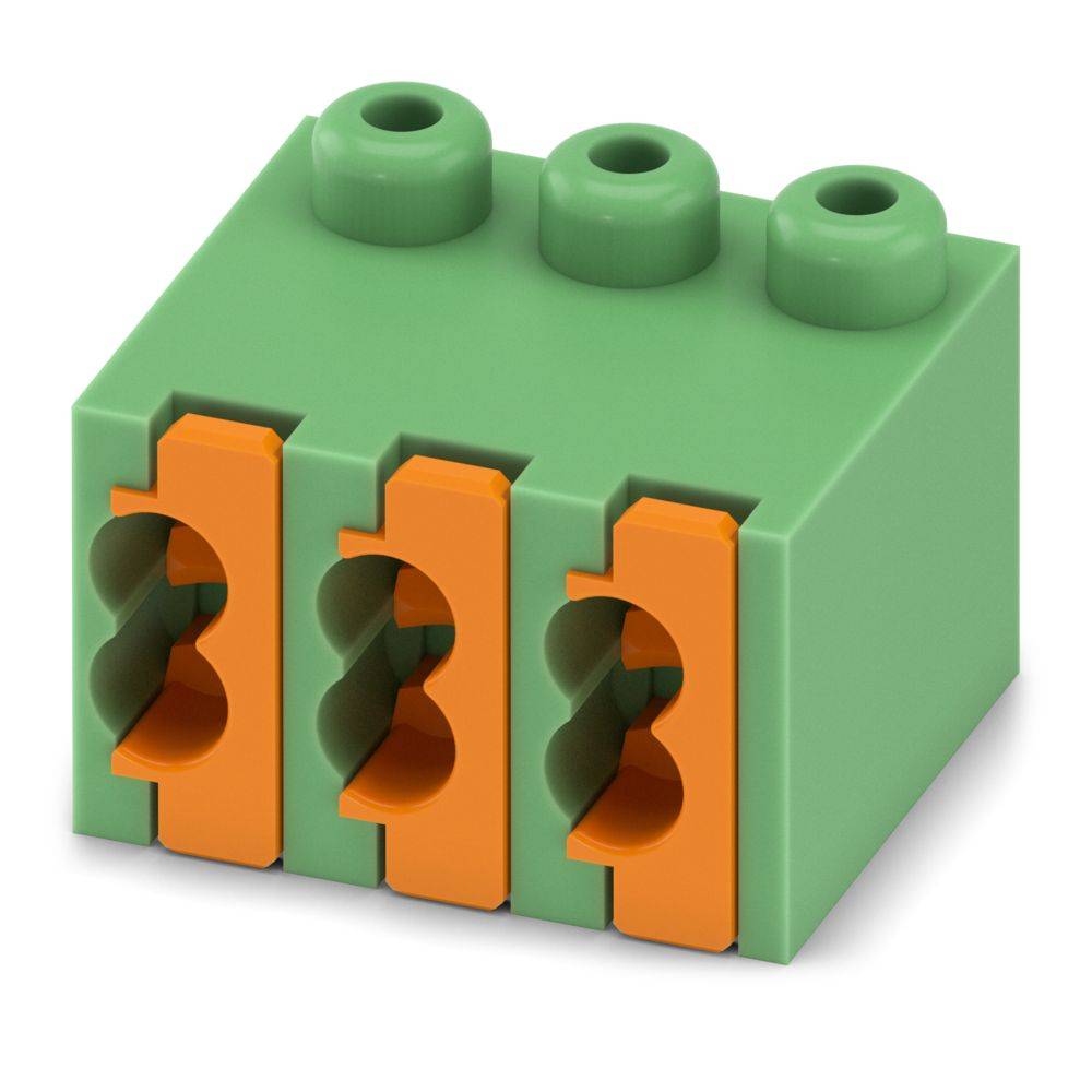 Ein grün und orange gefärbter LEGO-ähnlicher Stein mit drei vertikalen zylindrischen Stiften auf der Oberseite, der zum Konstruieren oder Verbinden in Bau- oder Spielzeugsteinen verwendet wird.