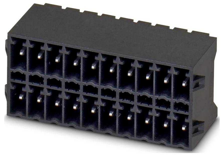 Un connecteur électrique en plastique noir avec plusieurs fentes de broches rectangulaires disposées en grille 3x8, utilisé pour connecter les composants informatiques.