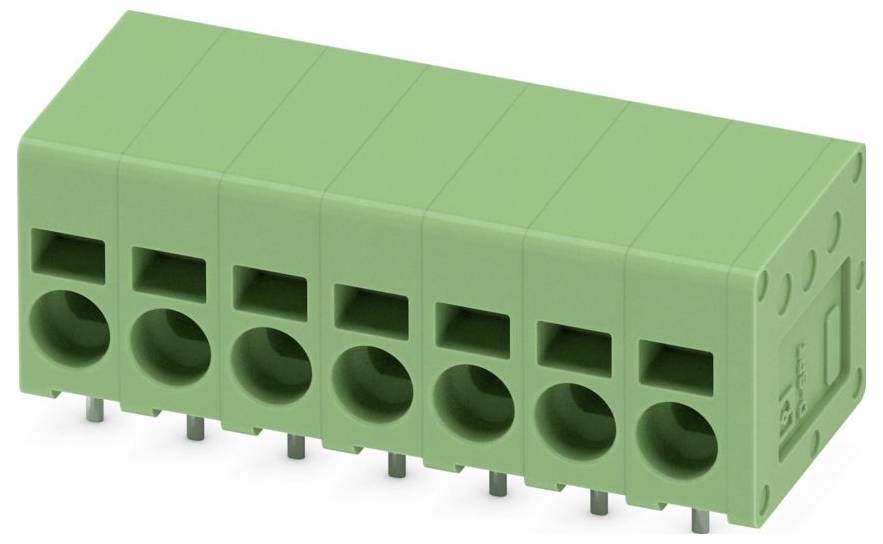Un bloc connecteur électrique six ports de couleur verte avec broches à la base, utilisé pour les connexions électriques sécurisées dans les circuits ou les appareils.