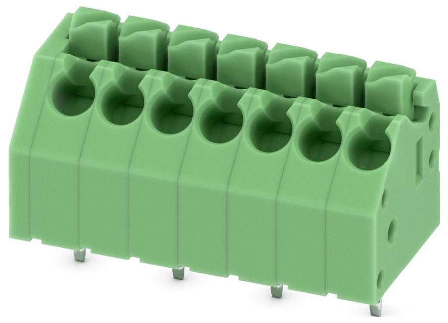 Un bloc de bornes PCB vert, à six positions, coudé avec broches pour les connexions électriques.