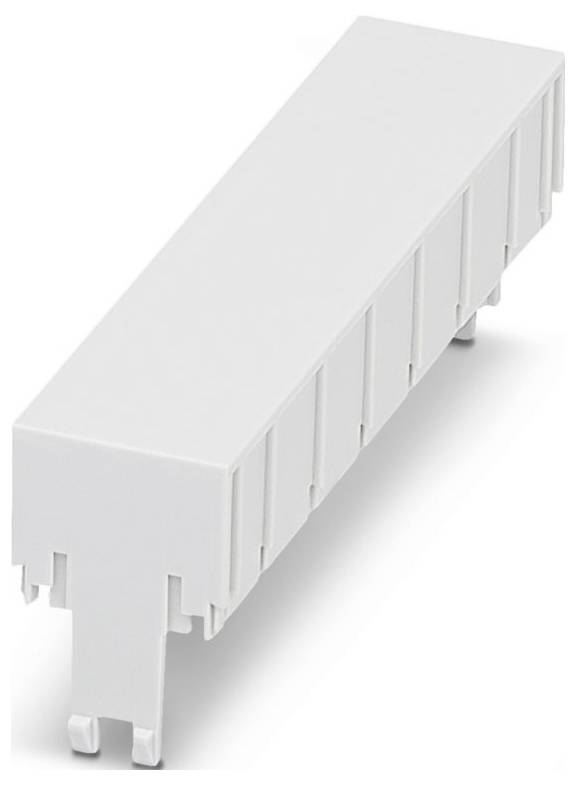 Un accessoire de goulottes murales rectangulaire blanc, monté en applique, avec un design épuré et minimaliste, comportant des fentes verticales régulièrement espacées.
