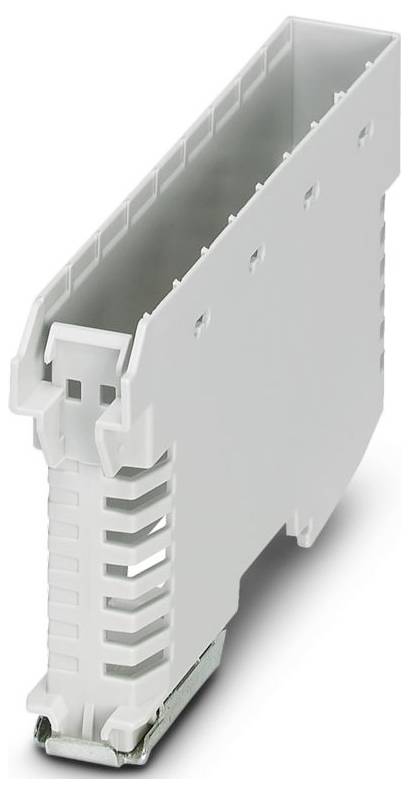 Un boîtier électronique en plastique blanc de forme rectangulaire destiné à être fixé sur un rail DIN, dotée de fentes de ventilation et d'un mécanisme de clip pour un montage sécurisé.