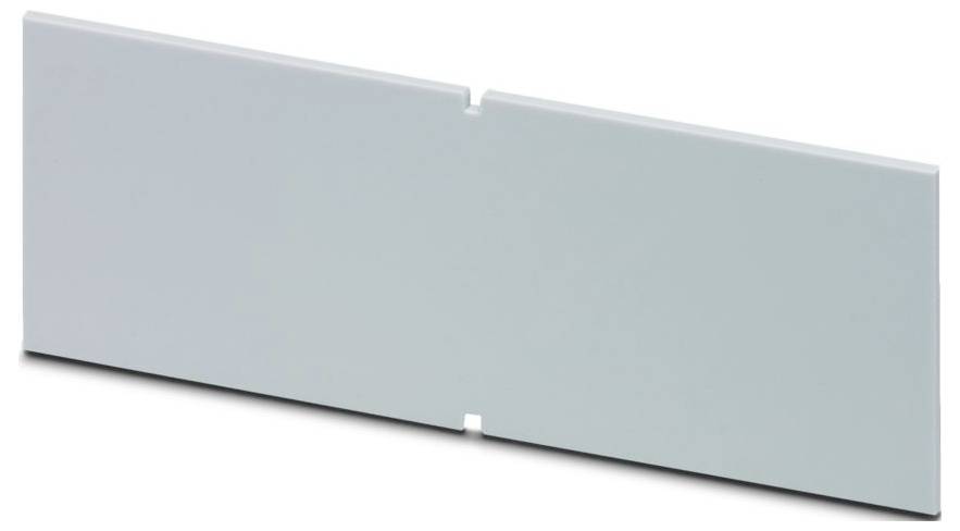 Un petit couvercle rectangulaire en plastique gris clair conçu pour s'adapter dans un appareil ou un système plus grand, avec deux encoches pour l'alignement.