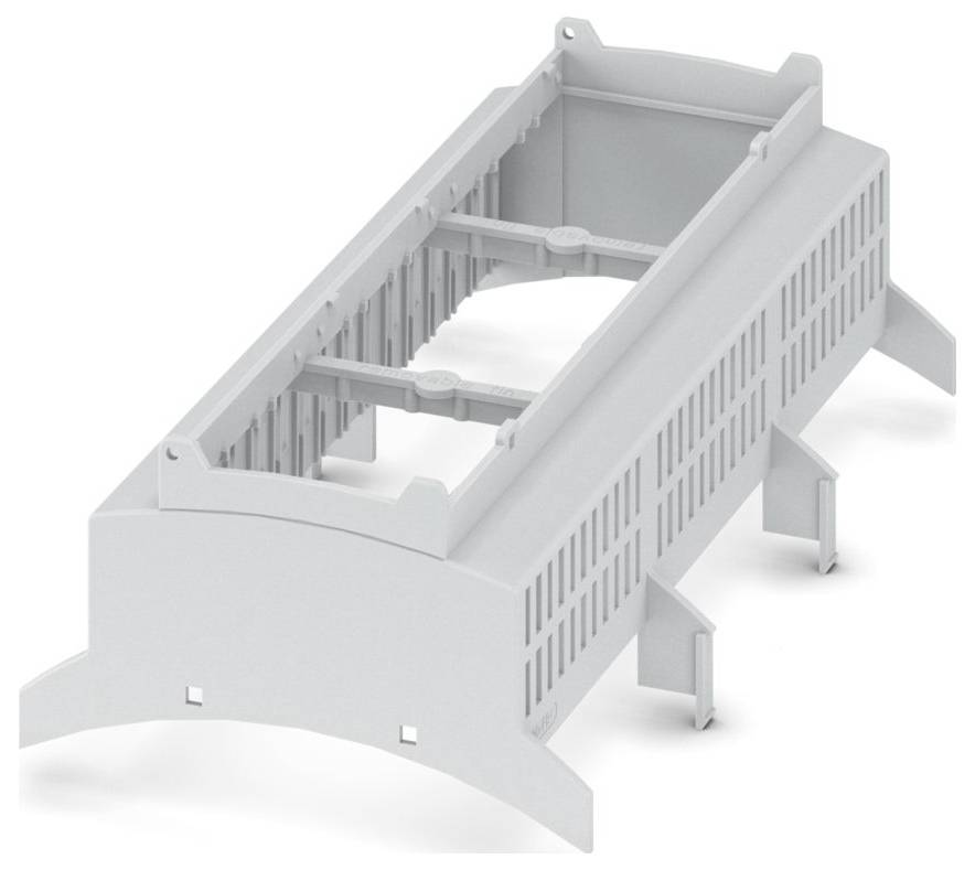 Un conduit de câble en plastique gris avec des côtés fendus pour la ventilation, doté de supports de fixation, utilisé pour organiser et protéger les câbles électriques.