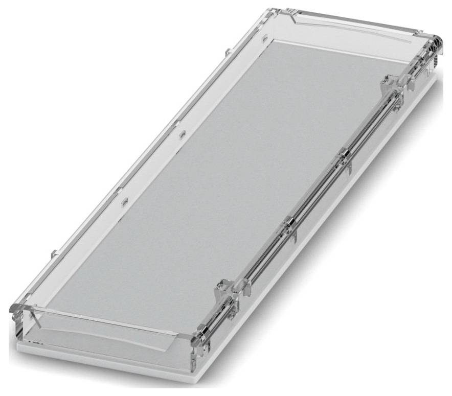 Un boîtier rectangulaire transparent en plastique avec un couvercle à charnière, convenant à la protection ou au stockage d'objets plats ou de documents.