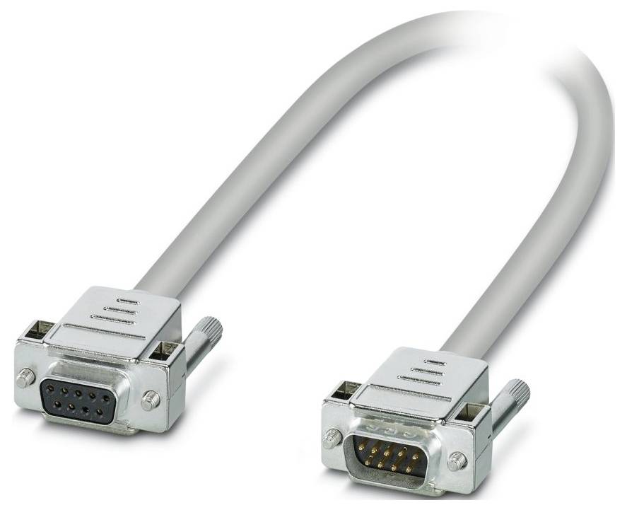 A gray cable with two 9-pin D-sub connectors, commonly used for serial connections between computers and peripherals.