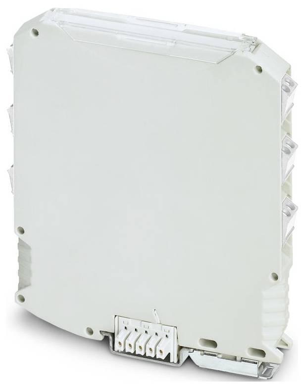 Un petit appareil électronique blanc avec plusieurs ports de connexion sur le dessous. Il a un design compact et rectangulaire adapté au montage en panneau.